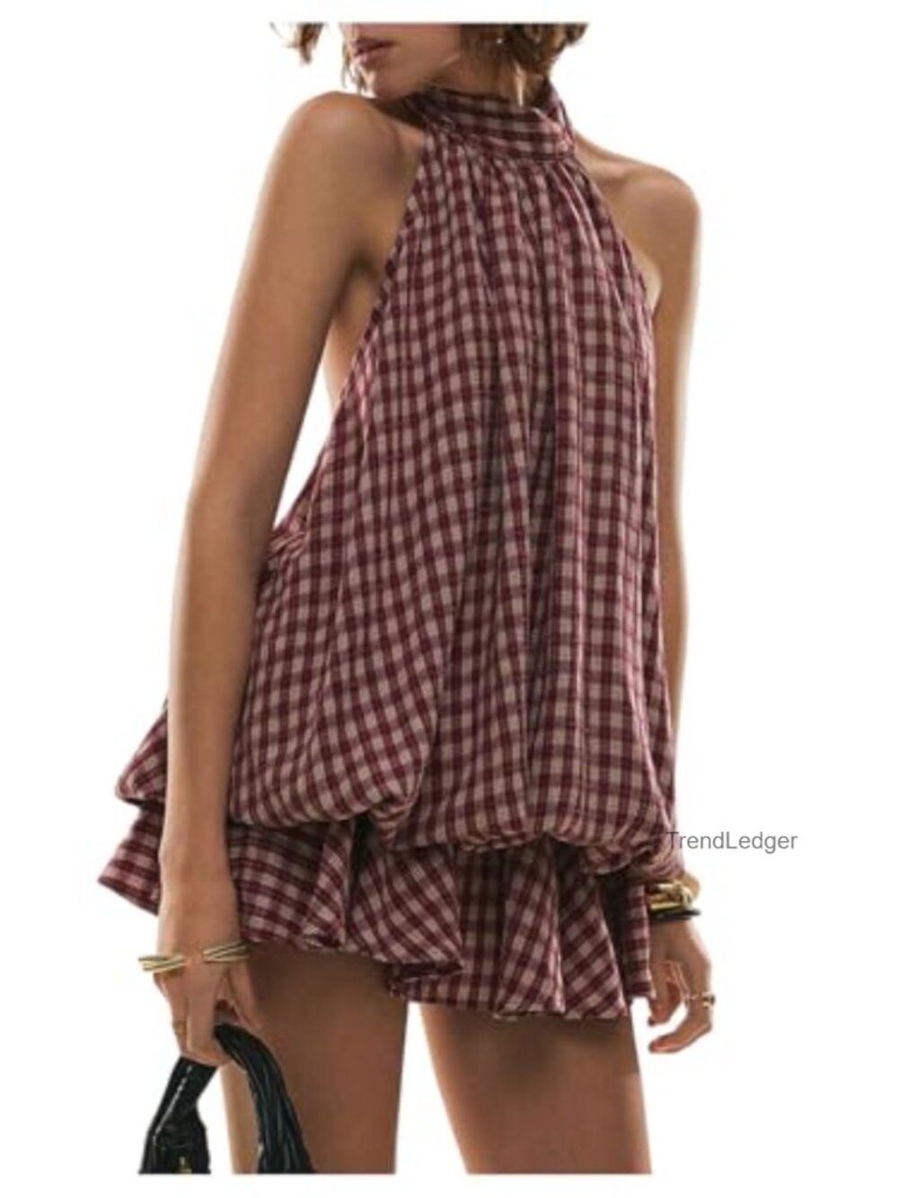Women's Plaid Halter Mini Dress Ruffle Bubble Hem A-Line Sleeveless Summer